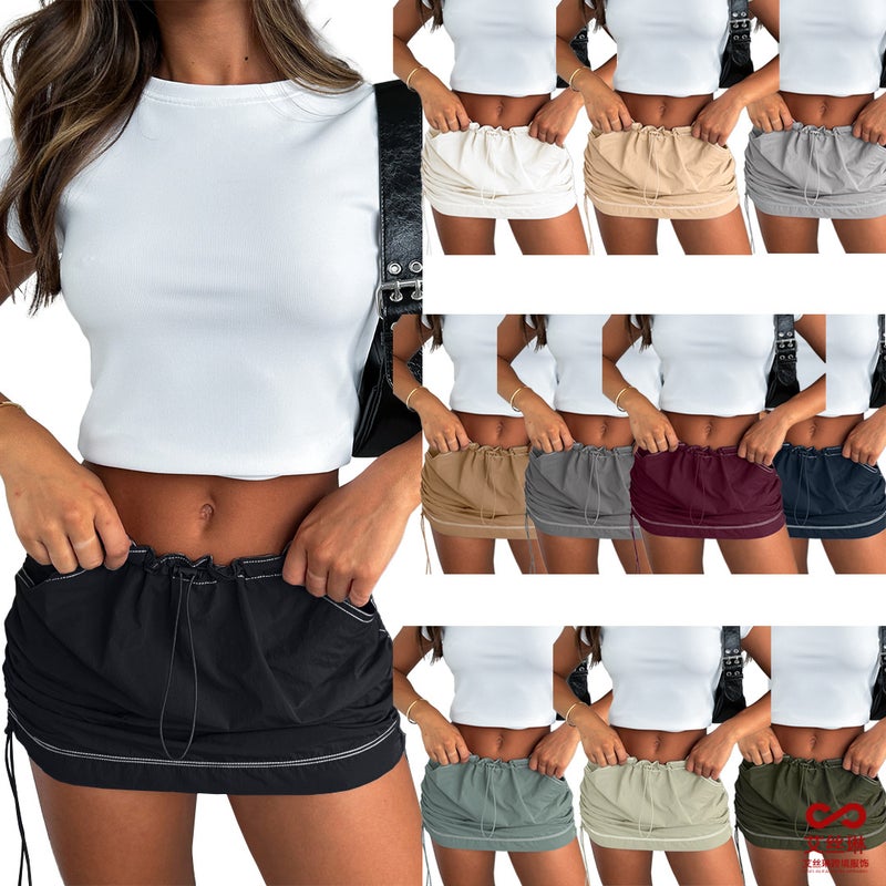 GL6657 Women's Solid Color Pleated Rubber Spring Buckle Sports Casual Pocket Workwear Skirt - Image 2