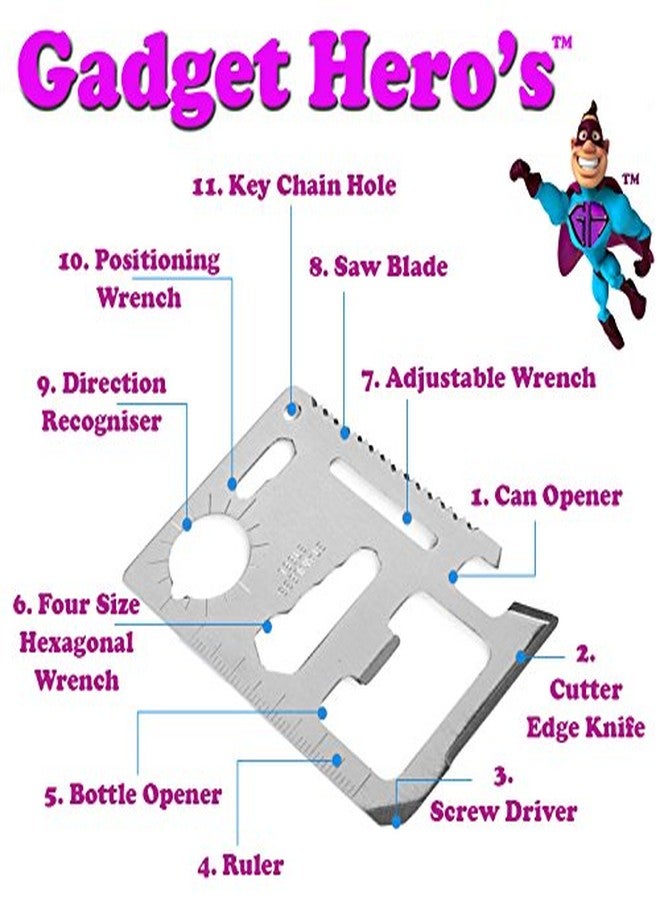 Gadget Hero's Stainless Steel Bottle Opener 11 In 1 Multi Function Credit Card Style Survival Tool Kit - Image 4