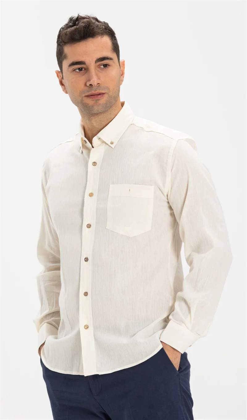 اليش شيل بيزي Long Sleeve Slim Fit Şile Cloth Single Pocket Men's Shirt Cream 3002