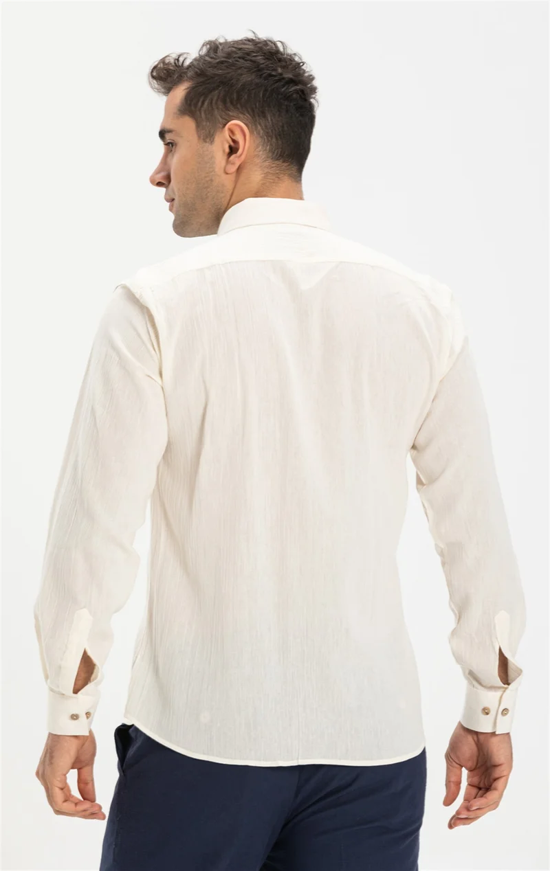 اليش شيل بيزي Long Sleeve Slim Fit Şile Cloth Single Pocket Men's Shirt Cream 3002