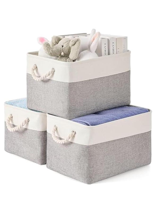 HOOKOR 3 Pack Storage Bins,Cotton Rope Woven Basket Collapsible Organizer With Handles Storage Cube Box for Storage,for Organizing, Classroom Kids Toy Bins, Closet, Baby Nursery Baskets (White-Grey) - Image 1