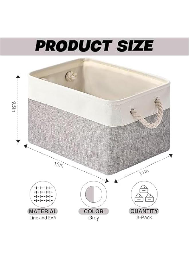 HOOKOR 3 Pack Storage Bins,Cotton Rope Woven Basket Collapsible Organizer With Handles Storage Cube Box for Storage,for Organizing, Classroom Kids Toy Bins, Closet, Baby Nursery Baskets (White-Grey) - Image 2