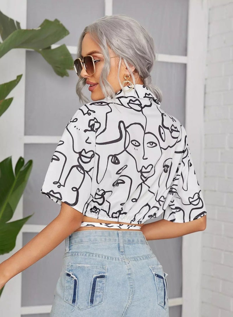Figure Graphic Drop Shoulder Tie Hem Blouse  - Image 2