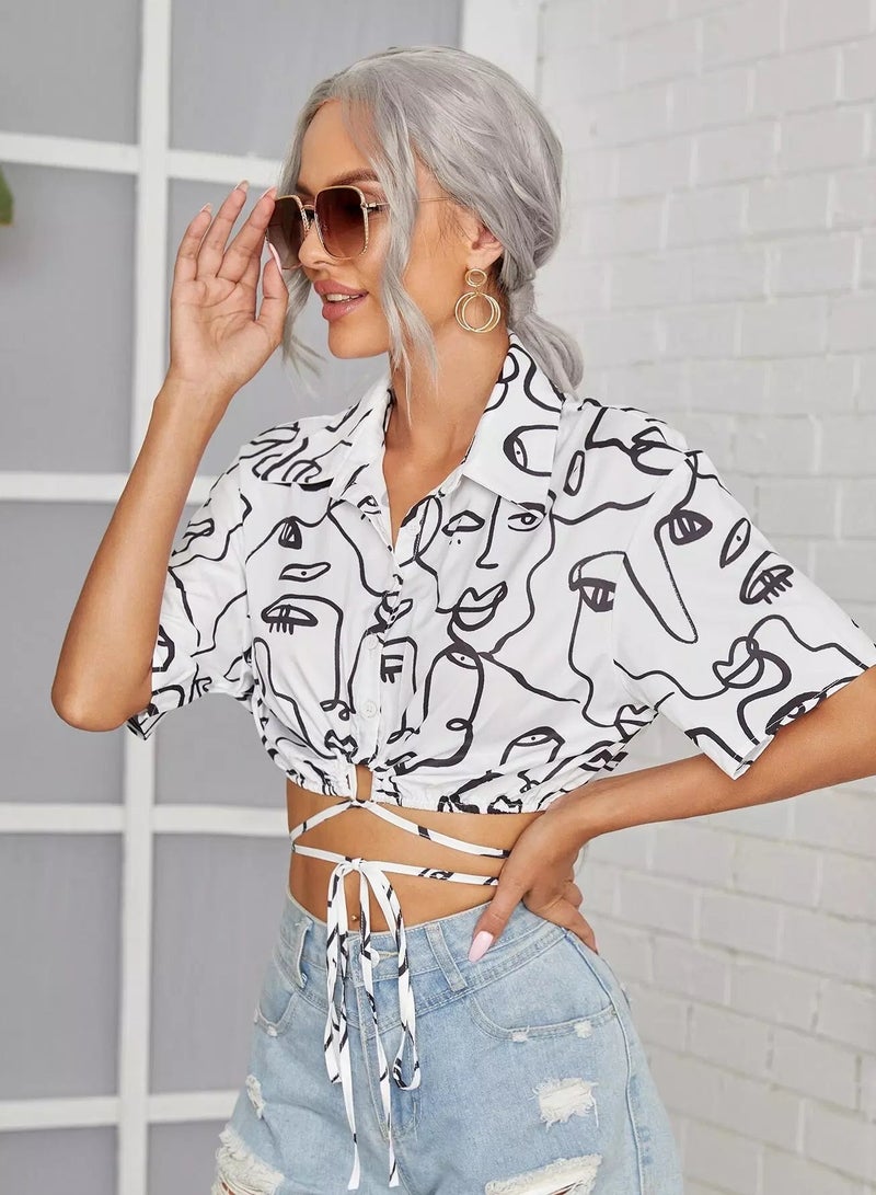 Figure Graphic Drop Shoulder Tie Hem Blouse  - Image 4