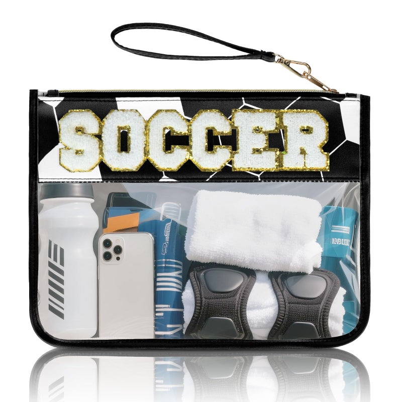 PPeen Soccer Gifts Makeup Bag with Chenille Letter Patch, for Boys 8-12 Football Stuff Kids Soccers Bag coach gifts Soccer Training Equipment Chenille Letter Clear Zipper Toiletry Pouch - Image 1