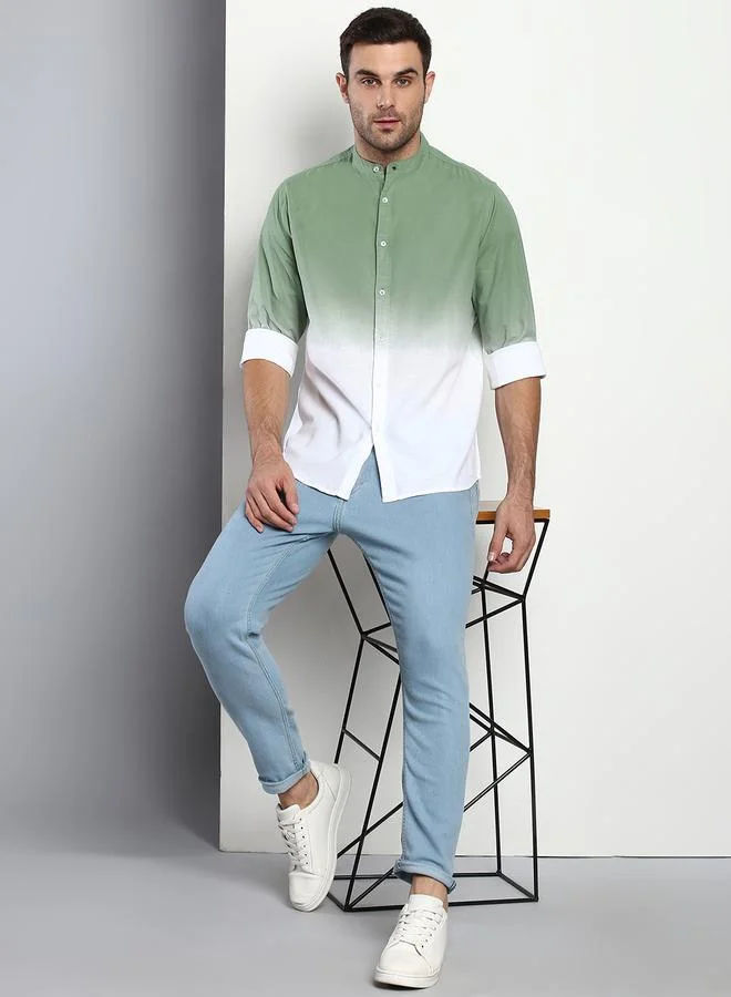 Dennis Lingo Slim Fit Dusty Green Men's Solid Shirt, Mandarin Collar, Full Sleeves, 100% Cotton
