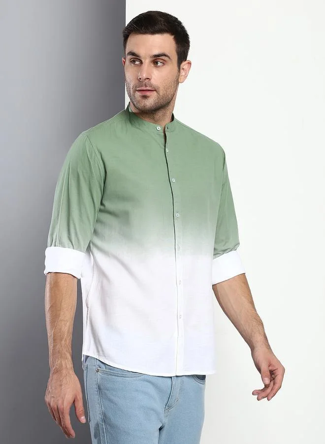 Dennis Lingo Slim Fit Dusty Green Men's Solid Shirt, Mandarin Collar, Full Sleeves, 100% Cotton