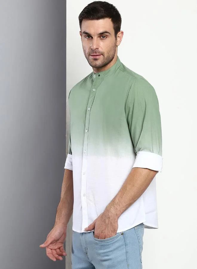 Dennis Lingo Slim Fit Dusty Green Men's Solid Shirt, Mandarin Collar, Full Sleeves, 100% Cotton