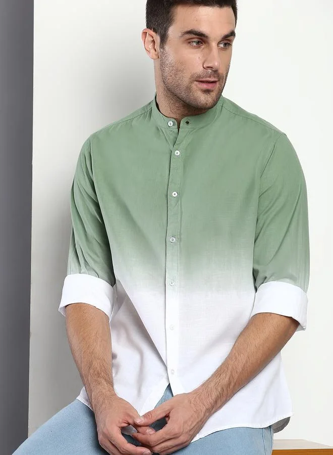 Dennis Lingo Slim Fit Dusty Green Men's Solid Shirt, Mandarin Collar, Full Sleeves, 100% Cotton