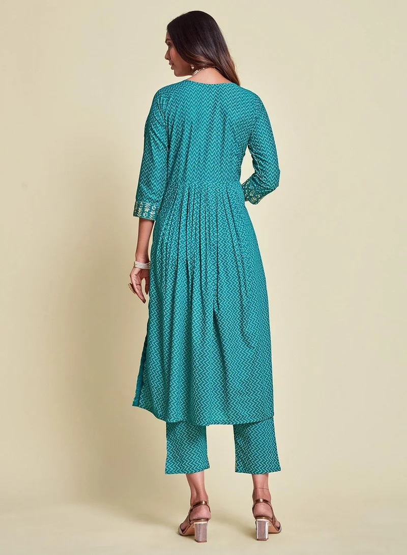 ISHIN Women's Blue And White Rayon Printed Tunic Full Length Casual Regular Fit Kurta Set