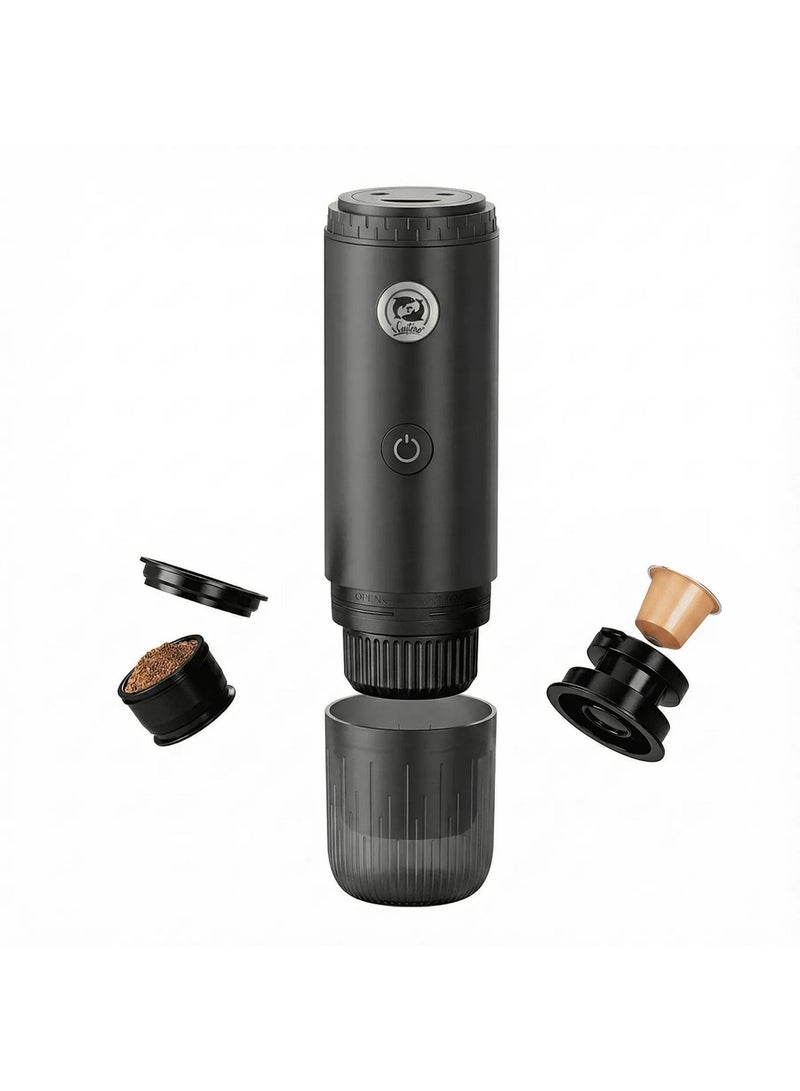 iCafilas ME-2604 Portable Electric Espresso Coffee Machine, USB Rechargeable 15 Bar for Travel and Car, Compatible with Coffee Pods and Ground Coffee - Black - Image 1
