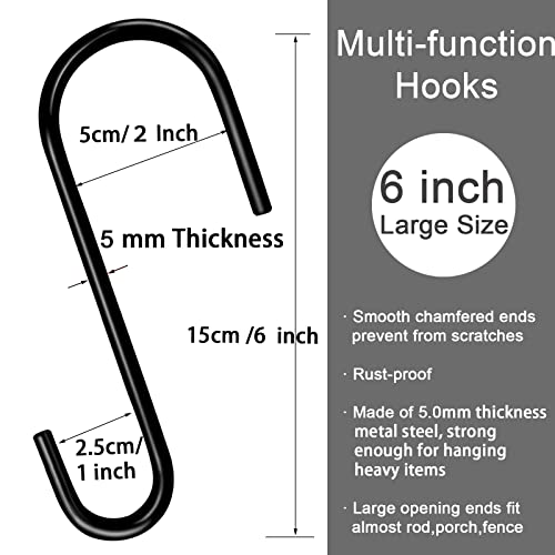 HiGift 8 Pack 6 Inches S Hooks for Hanging Plant Heavy Duty, Thick Wire Steel Large Black S Shaped Hook Hanger for Hanging Plants, Bird Feeders, Garden Tools,Ladder, Pool Equipment Tools,Kitchenware - Image 2