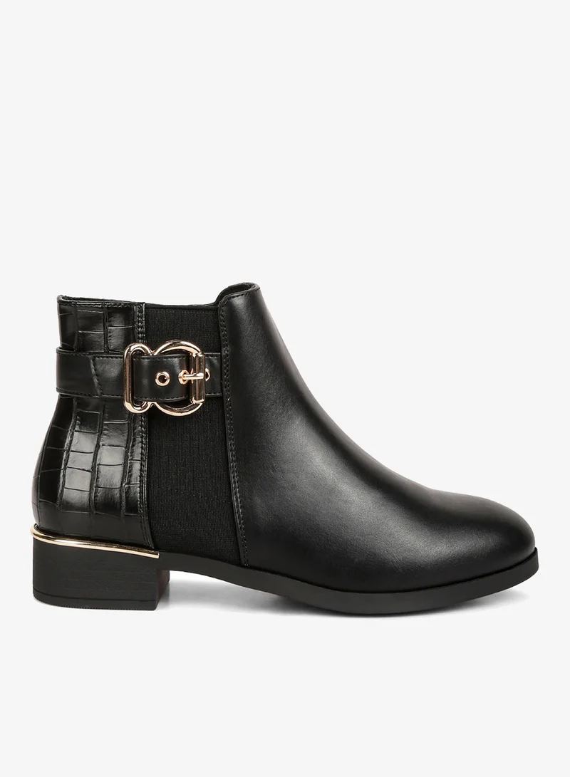 Buckled Ankle Boot with Croc Detail in Black