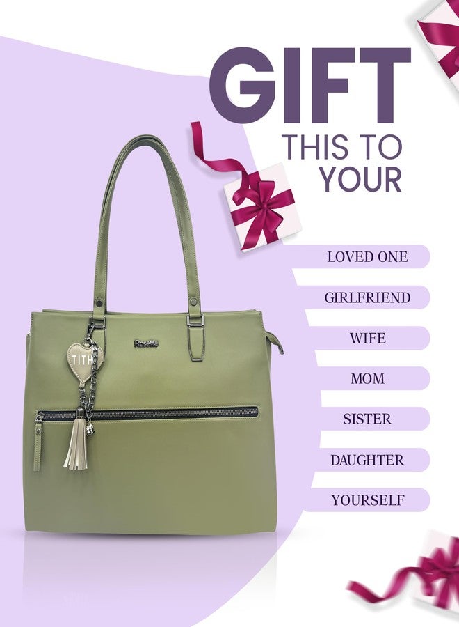 Rosetta Women’s Olive Green Handbag with Customized Name Keychain & Free Aloe Vera Skincare Gift | Stylish Shoulder Tote Bag with Front Zipper Pocket - Image 4