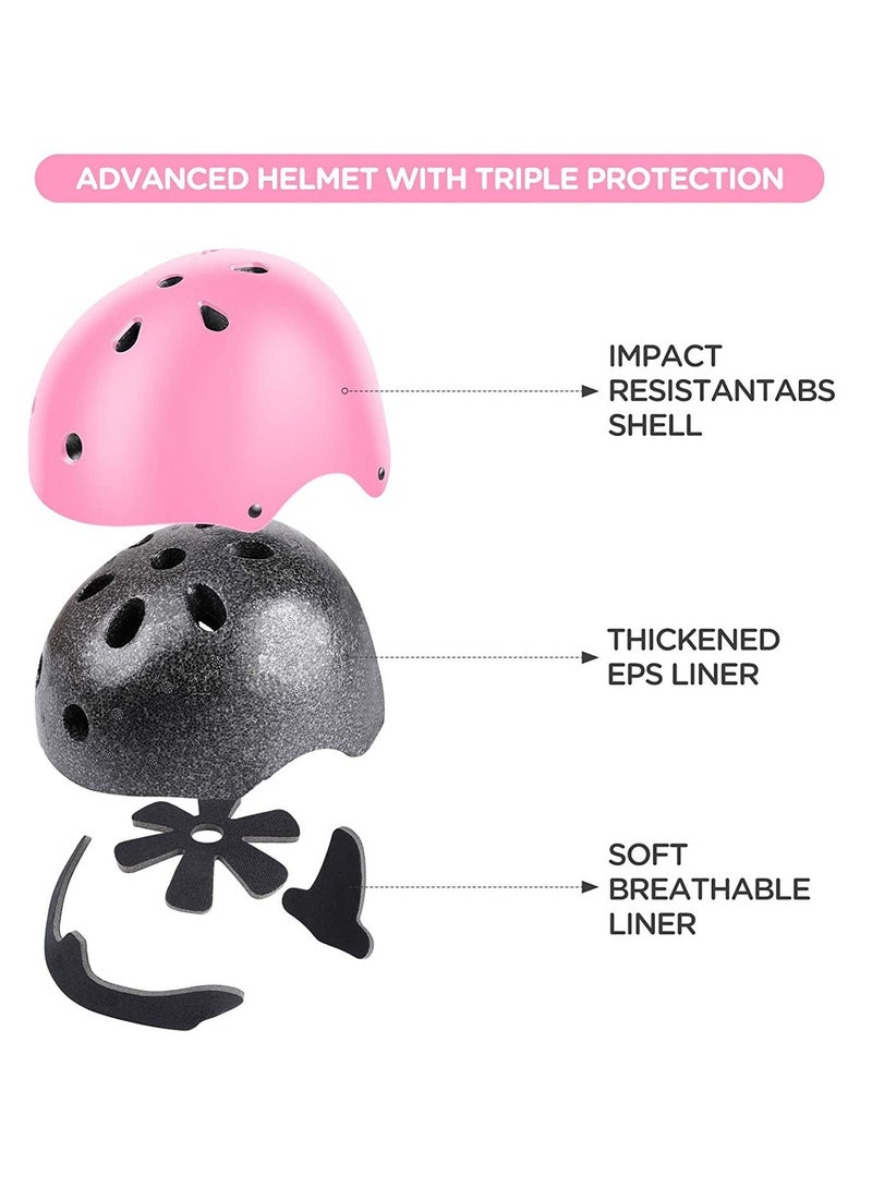 Roller skating protective gear children's helmet set of riding elbow wristband skateboard skates balance bike helmet knee pads 7 pcs - pink