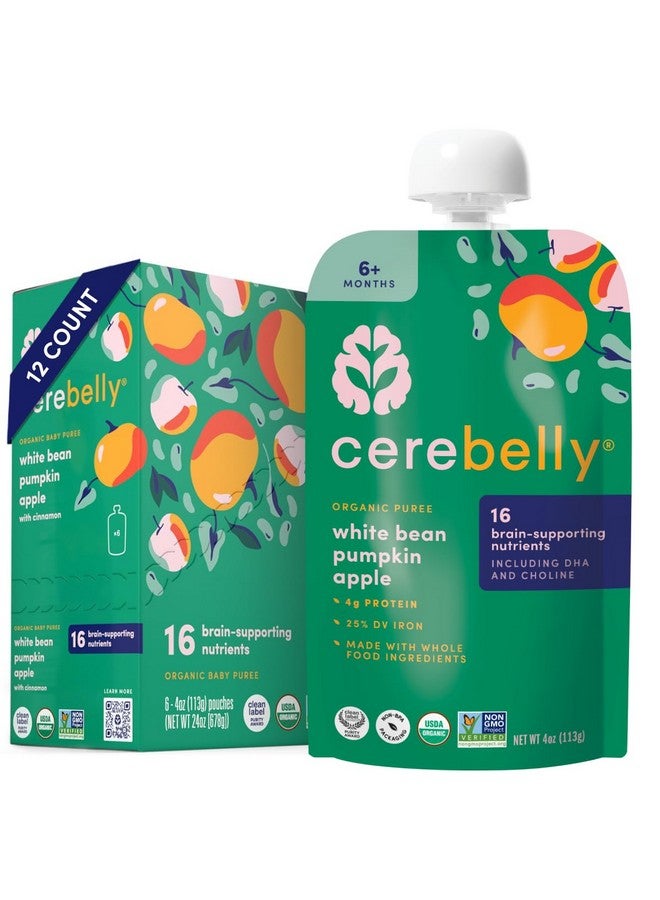 Cerebelly Baby Food Pouches - Organic Veggie Purees for Toddlers | No Added Sugar, Fiber, Non-GMO | Blended Toddler Pouches | 4 Ounce BPA-Free Pouch | White Bean Pumpkin Apple | 12 Count - Image 1