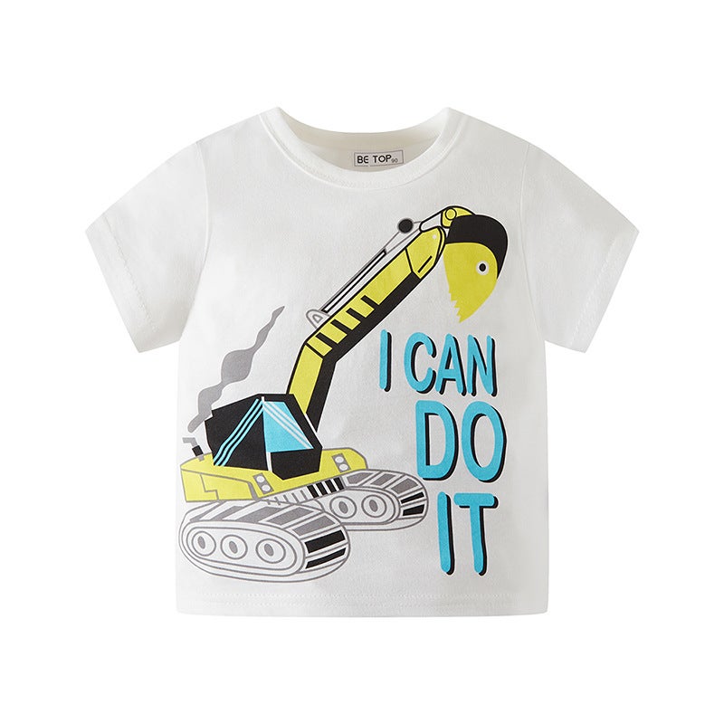 Children's clothing summer hook excavator engineering vehicle short-sleeved children's short-sleeved boys' cotton T-shirt Korean style one-piece delivery - Image 1