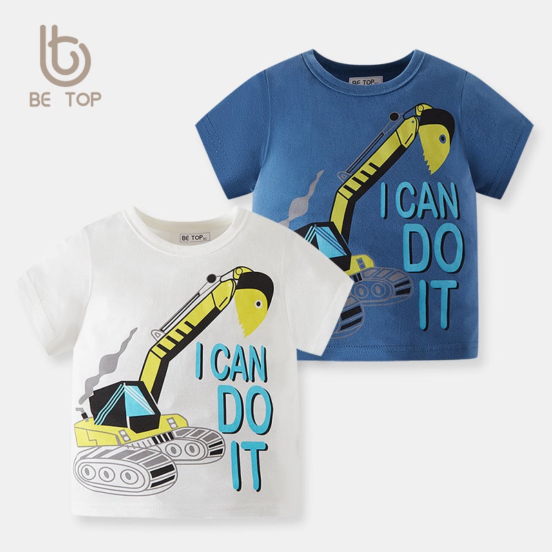 Children's clothing summer hook excavator engineering vehicle short-sleeved children's short-sleeved boys' cotton T-shirt Korean style one-piece delivery - Image 2