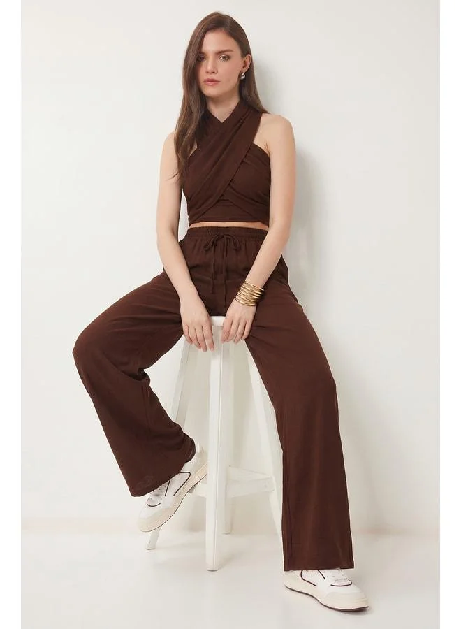 Lovely Istanbul Linen Top-and-Bottom Set with Neck Tie LBY0059 Brownish.