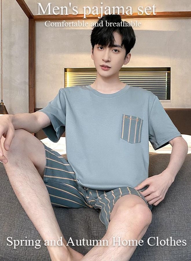 DUNISO Men's Pajamas Set Nightwear Lightweight Round Neck Short Sleeve Stripes Short Pant Lounge 2 Pieces Sleepwear Nightgown Male Spring Summer Loungewear - Image 1