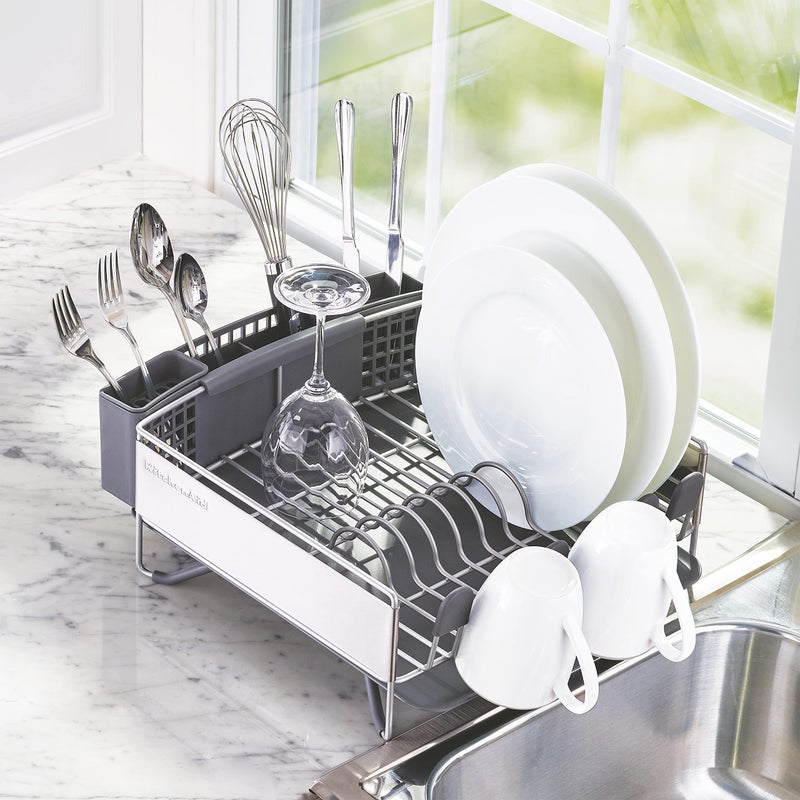 KitchenAid Compact Space Saving, Dish Rack with Removable Flatware Caddy and Angled Self Draining Drainboard, Satin Gray, 15-Inch-by-13.25-Inch - Image 4