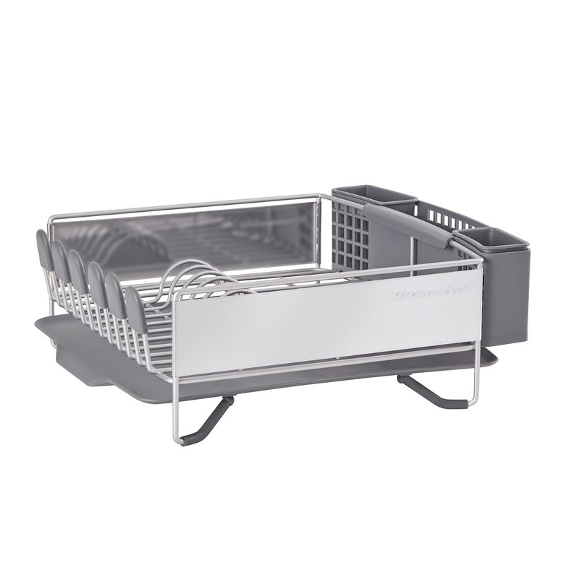 KitchenAid Compact Space Saving, Dish Rack with Removable Flatware Caddy and Angled Self Draining Drainboard, Satin Gray, 15-Inch-by-13.25-Inch - Image 1