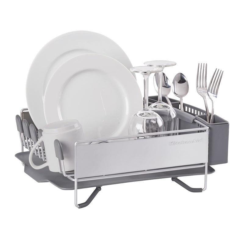 KitchenAid Compact Space Saving, Dish Rack with Removable Flatware Caddy and Angled Self Draining Drainboard, Satin Gray, 15-Inch-by-13.25-Inch - Image 2