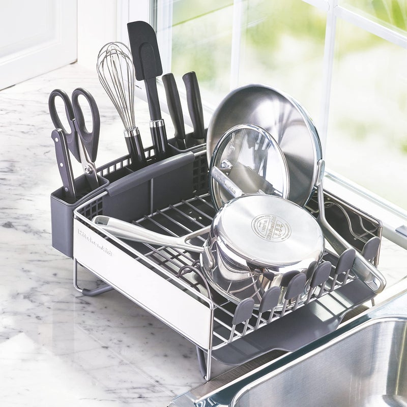 KitchenAid Compact Space Saving, Dish Rack with Removable Flatware Caddy and Angled Self Draining Drainboard, Satin Gray, 15-Inch-by-13.25-Inch - Image 5