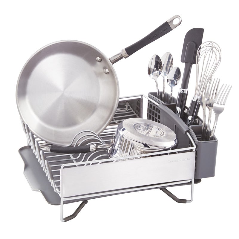 KitchenAid Compact Space Saving, Dish Rack with Removable Flatware Caddy and Angled Self Draining Drainboard, Satin Gray, 15-Inch-by-13.25-Inch - Image 3