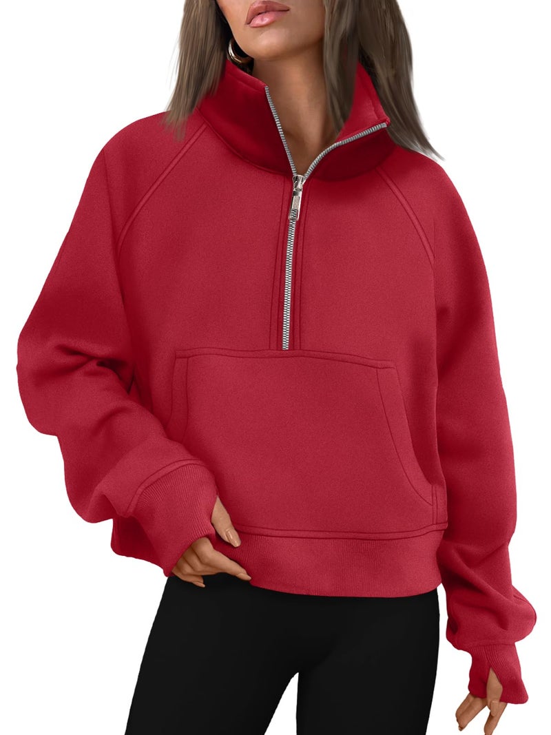 AUTOMET Womens Sweatshirts Half Zip Cropped Pullover Fleece Quarter Zipper Sweater Hoodies 2026 Fall Fashion Outfits Clothes Fiery Red Medium - Image 1
