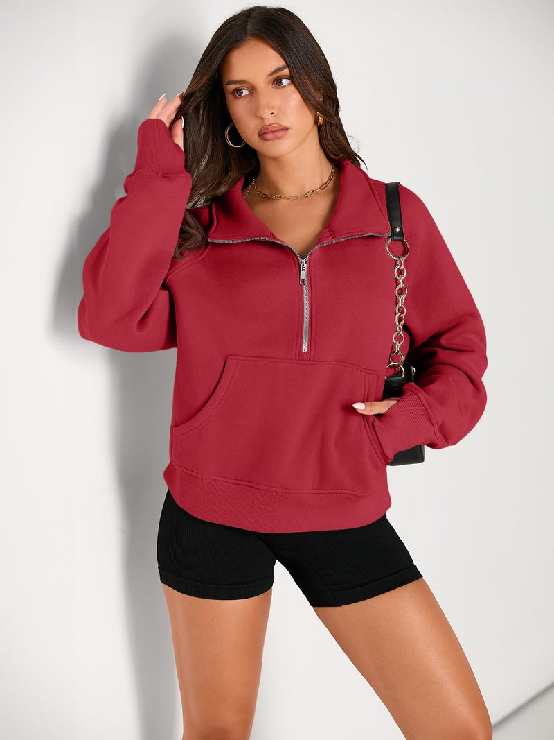 AUTOMET Womens Sweatshirts Half Zip Cropped Pullover Fleece Quarter Zipper Sweater Hoodies 2026 Fall Fashion Outfits Clothes Fiery Red Medium - Image 2