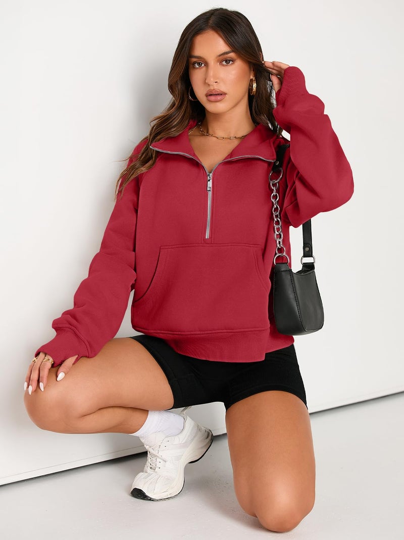 AUTOMET Womens Sweatshirts Half Zip Cropped Pullover Fleece Quarter Zipper Sweater Hoodies 2026 Fall Fashion Outfits Clothes Fiery Red Medium - Image 4
