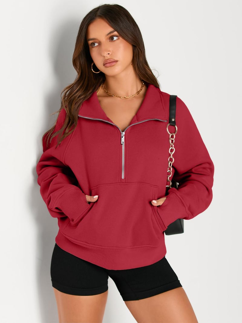 AUTOMET Womens Sweatshirts Half Zip Cropped Pullover Fleece Quarter Zipper Sweater Hoodies 2026 Fall Fashion Outfits Clothes Fiery Red Medium - Image 3