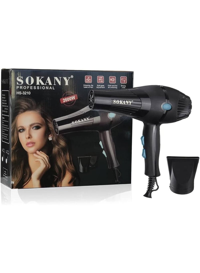 sokany HS-3210 2600W Professional Hair Dryer – Powerful Fast Drying Blow Dryer with Hot & Cold Air, Multiple Speed Settings, Dual Nozzles, Salon-Quality Styling for All Hair Types, Black - Image 2