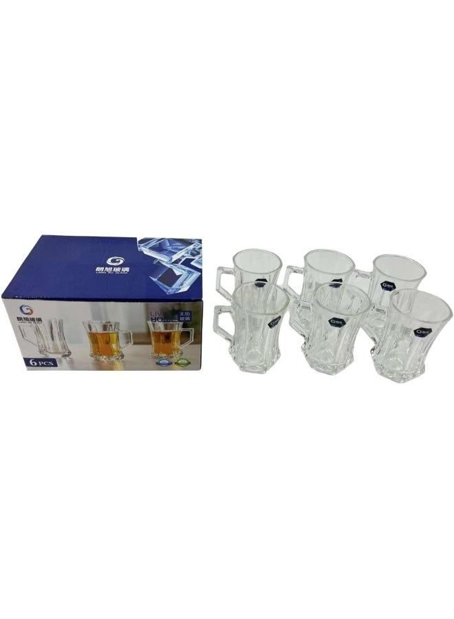 SAQOWARE 6 Pcs Tea Glass Mug Set With Handle, 235ml | 6 Pcs Clear Glass Coffee Mugs Premium Quality Glassware | Elegant & Highly Durable | Perfect For Coffee, Black Tea, Green Tea, Latte, Cappuccino, Hot Chocolate  - Image 2