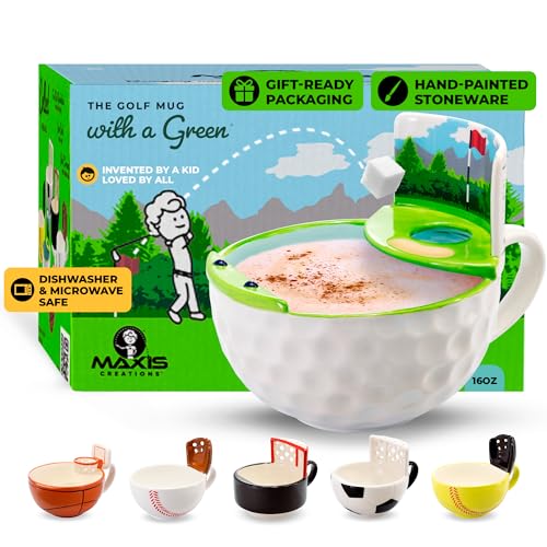 MAX'IS Creations The Golf Mug with a Green - Unique Funny Gifts for Men Women Gift for Golfers Dad Mom Accessories, Novelty Ceramic Cool Funny Golf Ball Coffee Mug, 16oz - Image 1