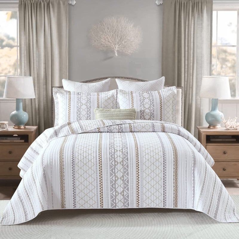 PERHOM Cotton Quilt King Size - 3 Pieces 100% Cotton Boho Striped Lightweight Soft Beige Gray White King Quilt Set with 2 Shams, Bohemian Pattern King Bedspread/Coverlet/Bedding Set for All Seasons - Image 1