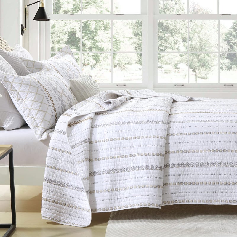 PERHOM Cotton Quilt King Size - 3 Pieces 100% Cotton Boho Striped Lightweight Soft Beige Gray White King Quilt Set with 2 Shams, Bohemian Pattern King Bedspread/Coverlet/Bedding Set for All Seasons - Image 3