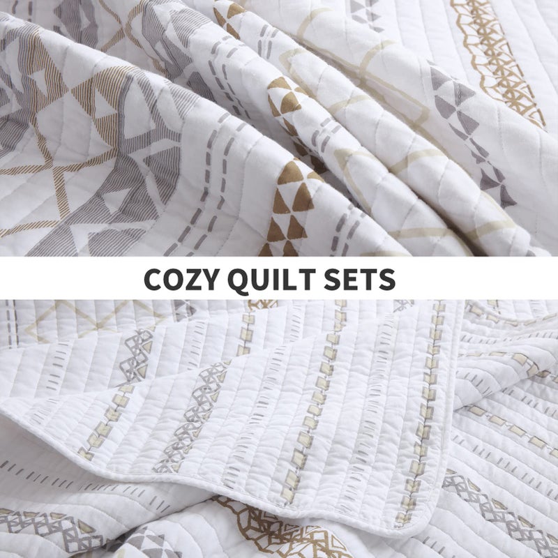 PERHOM Cotton Quilt King Size - 3 Pieces 100% Cotton Boho Striped Lightweight Soft Beige Gray White King Quilt Set with 2 Shams, Bohemian Pattern King Bedspread/Coverlet/Bedding Set for All Seasons - Image 5