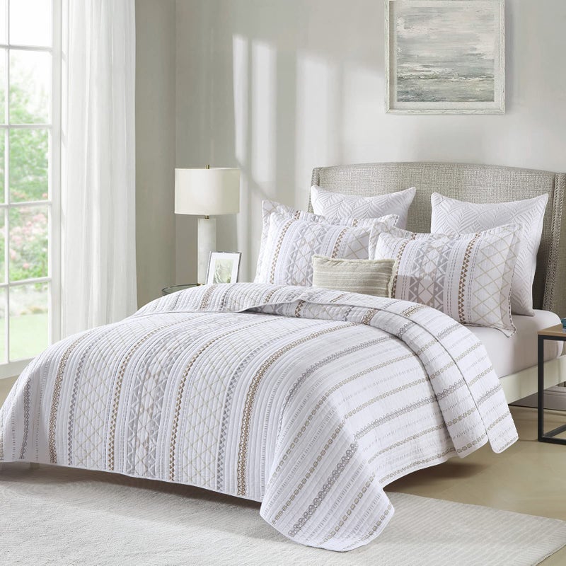 PERHOM Cotton Quilt King Size - 3 Pieces 100% Cotton Boho Striped Lightweight Soft Beige Gray White King Quilt Set with 2 Shams, Bohemian Pattern King Bedspread/Coverlet/Bedding Set for All Seasons - Image 2