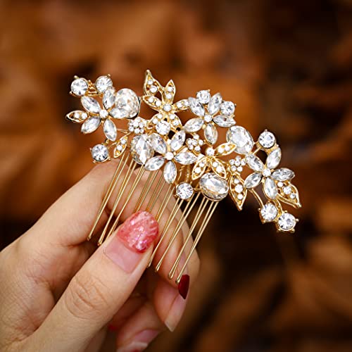 Foyte Crystal Bride Wedding Hair Comb Silver Flower Bridal Headpieces Leaf Hair Pieces Rhinestone Bridesmaid Side Combs Hair Accessories for Women (gold flower) - Image 1