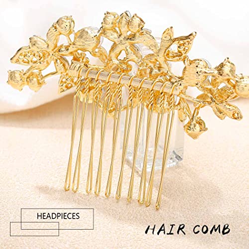Foyte Crystal Bride Wedding Hair Comb Silver Flower Bridal Headpieces Leaf Hair Pieces Rhinestone Bridesmaid Side Combs Hair Accessories for Women (gold flower) - Image 3