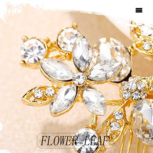 Foyte Crystal Bride Wedding Hair Comb Silver Flower Bridal Headpieces Leaf Hair Pieces Rhinestone Bridesmaid Side Combs Hair Accessories for Women (gold flower) - Image 4