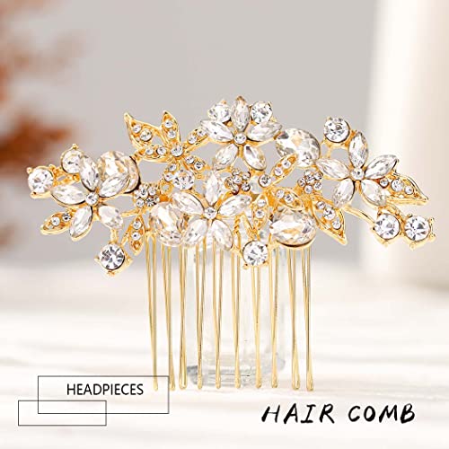 Foyte Crystal Bride Wedding Hair Comb Silver Flower Bridal Headpieces Leaf Hair Pieces Rhinestone Bridesmaid Side Combs Hair Accessories for Women (gold flower) - Image 2
