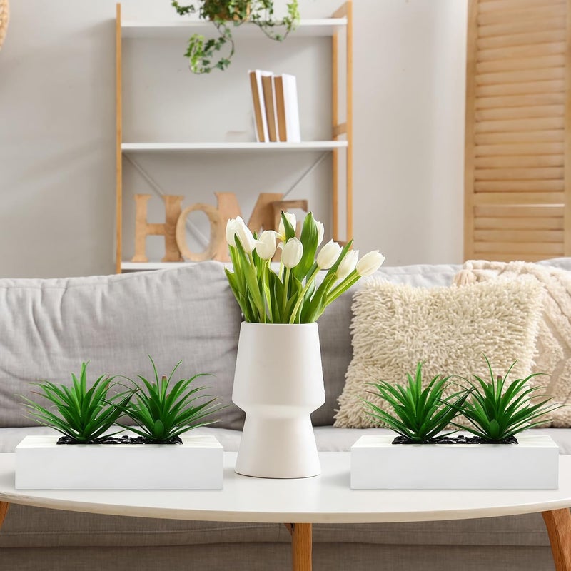 Hotop 2 Pcs Artificial Green Grass Plants in Wood Decorative Planter Pot Wooden Faux Greenery Rectangle Box Table Plant for Tabletop Centerpiece Indoor Decor(9.5 Inch,White) - Image 5