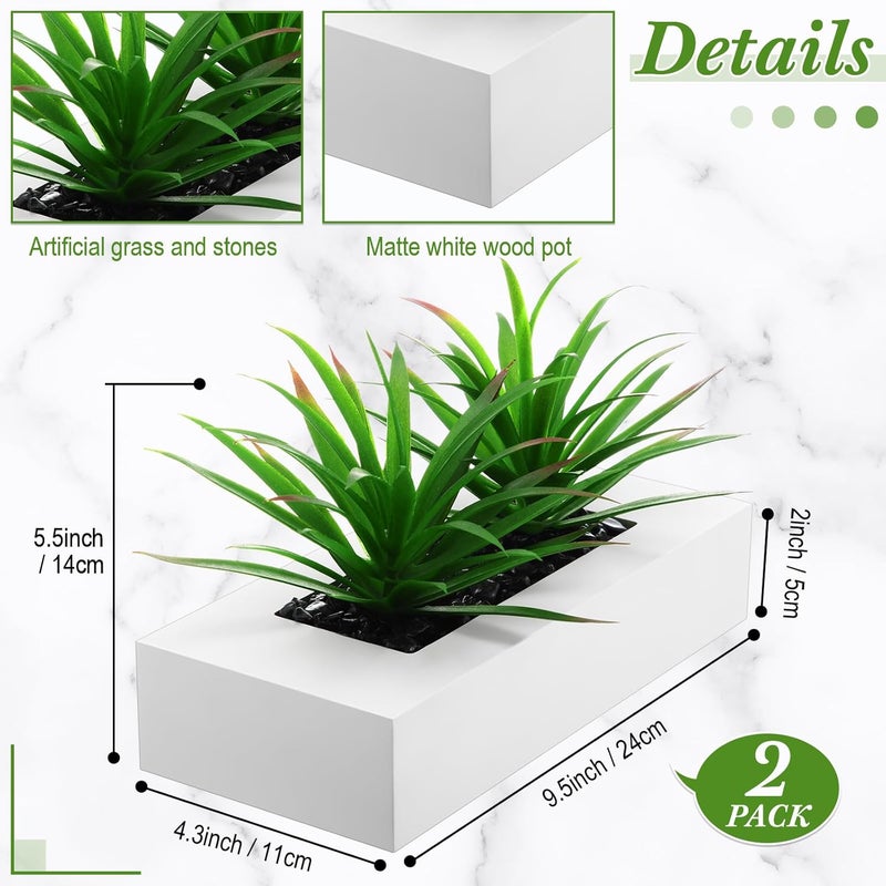 Hotop 2 Pcs Artificial Green Grass Plants in Wood Decorative Planter Pot Wooden Faux Greenery Rectangle Box Table Plant for Tabletop Centerpiece Indoor Decor(9.5 Inch,White) - Image 2