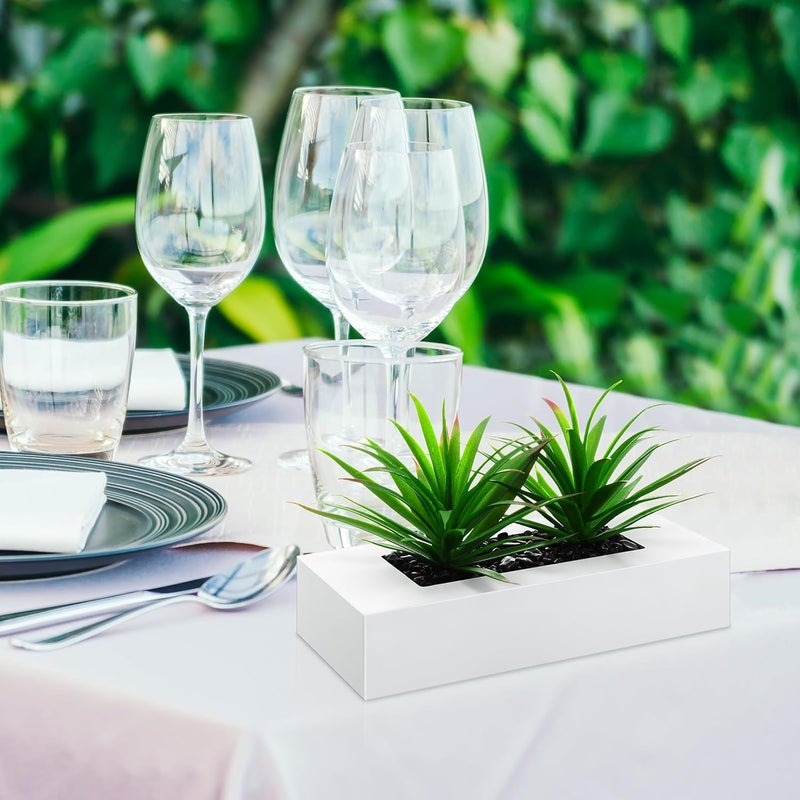 Hotop 2 Pcs Artificial Green Grass Plants in Wood Decorative Planter Pot Wooden Faux Greenery Rectangle Box Table Plant for Tabletop Centerpiece Indoor Decor(9.5 Inch,White) - Image 4