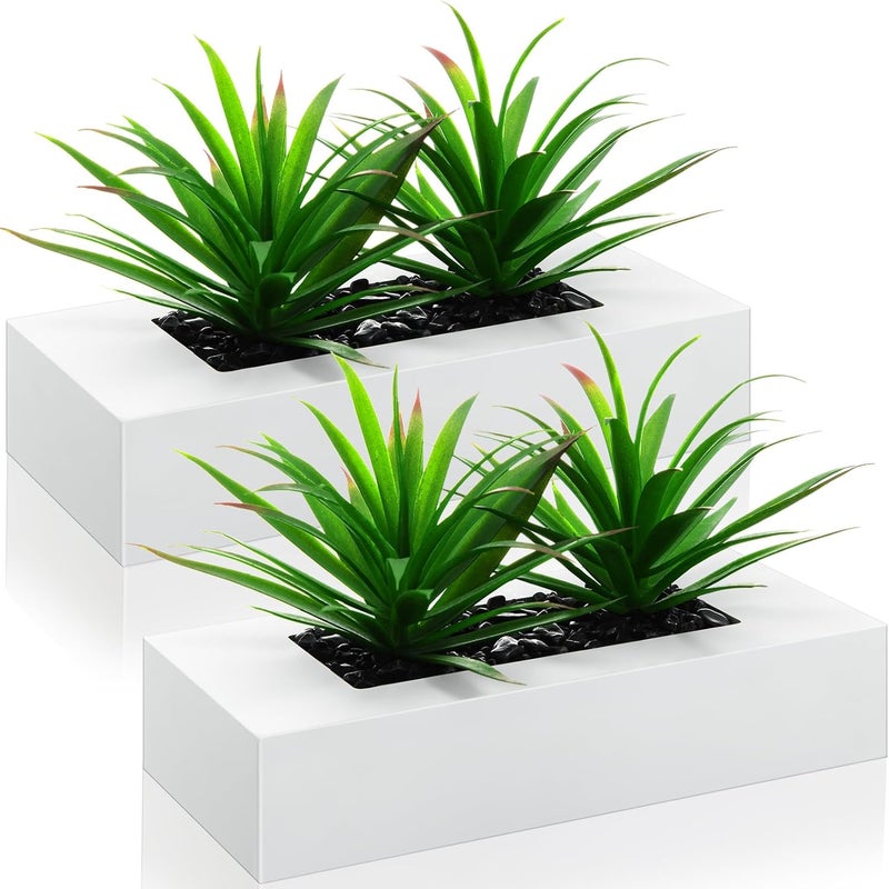 Hotop 2 Pcs Artificial Green Grass Plants in Wood Decorative Planter Pot Wooden Faux Greenery Rectangle Box Table Plant for Tabletop Centerpiece Indoor Decor(9.5 Inch,White) - Image 1