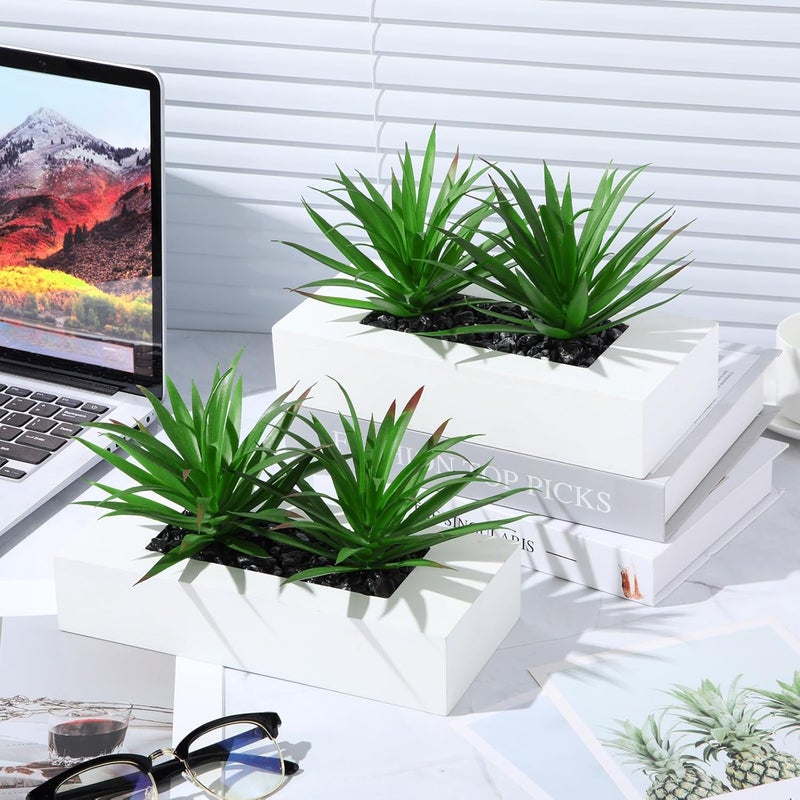 Hotop 2 Pcs Artificial Green Grass Plants in Wood Decorative Planter Pot Wooden Faux Greenery Rectangle Box Table Plant for Tabletop Centerpiece Indoor Decor(9.5 Inch,White) - Image 3
