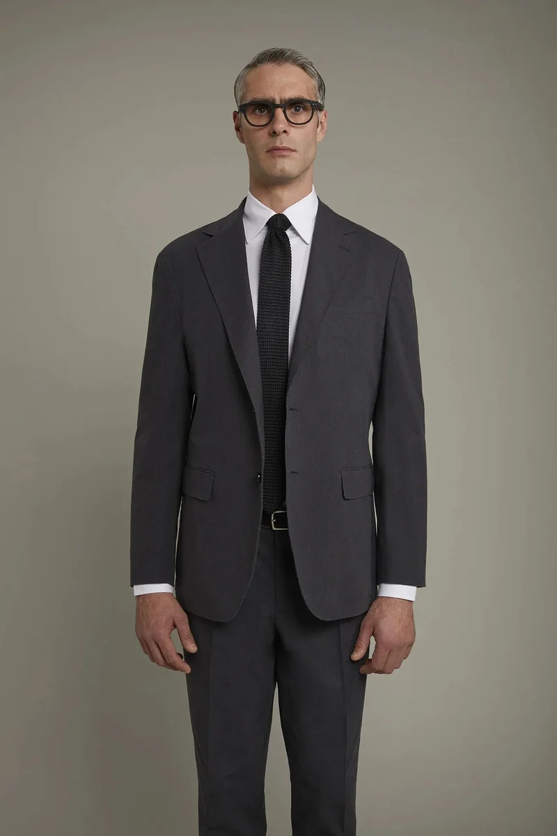 دوبل غانغر Men's unlined single-breasted blazer with flap pockets in flamed effect fabric regular fit - DK Grey